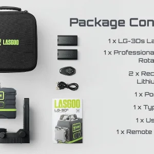 Laser Level 3x360- LASGOO with Remote Control, 2 Rechargeable Batteries, 100FT Range, 360- Magnetic Rotating Stand, IP54, 3Ds