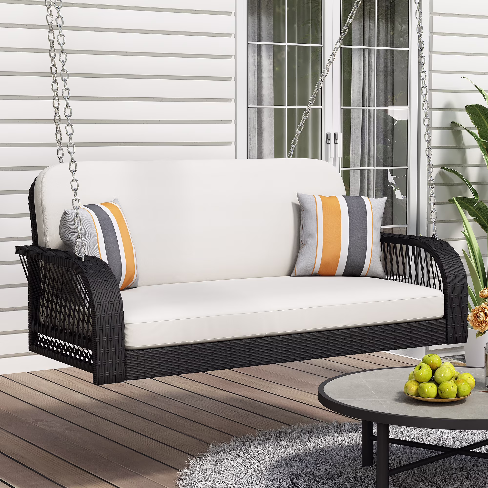 Harper & Bright Designs PE Ratten Porch Swing Chair, 2-Seater Hanging Swing Bench with Chains, All Weather Design Patio Furniture Swing for Backyard Garden Poolside, Grey and White