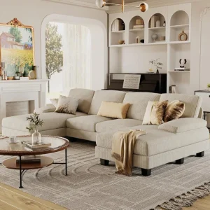 Furmax Sectional Couches for Living Room, U-Shaped Sofa Couch with Linen Fabric, 4 Seat Sofa Set with Double Chaise for Apartment (Fabric, Grey)
