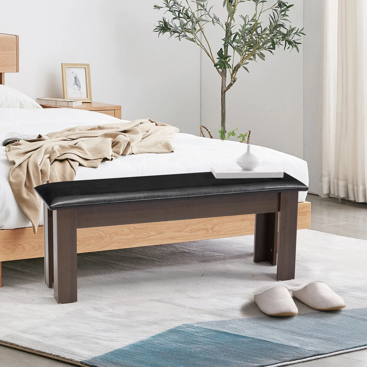 AVAWING 44" Dining Room Bench Set of 2, Wood & Linen Fabric Kitchen Benches, Beige & Natural