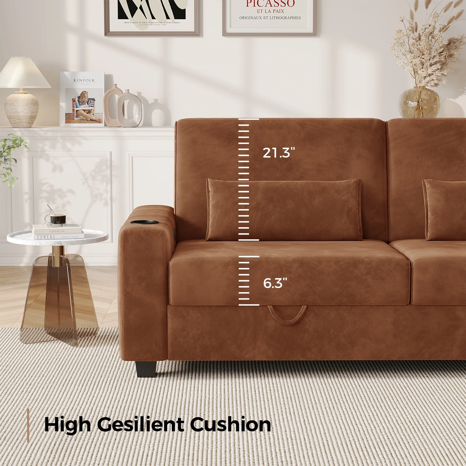87-Large Loveseat Sofa, 3 Seater Couch with Storage, Velvet Fabric Deep Seat Sofa with Pillow& Cup Holders, Modern Comfy Sofa with USB& Type-C Ports, Home Sofa Couch for Living Room Bedroom