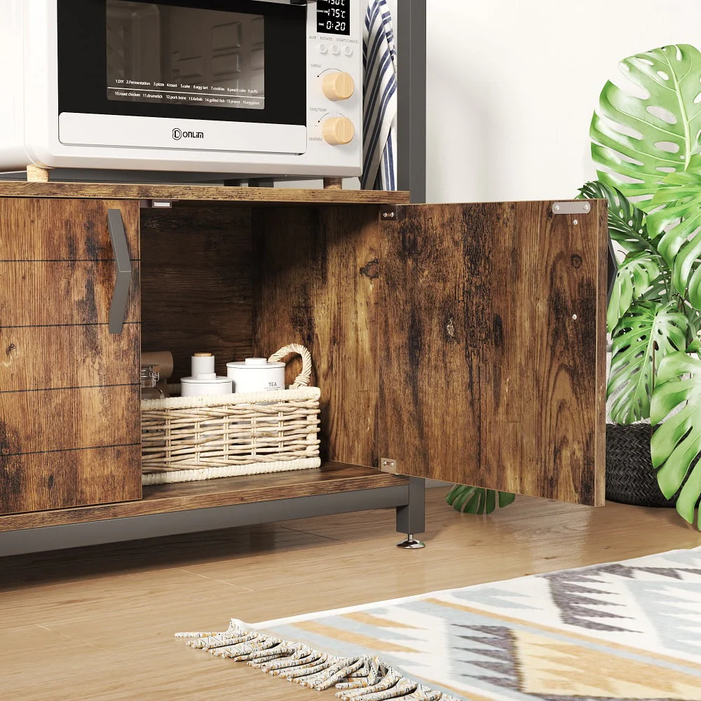 Bestier 3-Tier Baker's Rack with Cabinet, Kitchen Storage Shelves, Microwave Oven Stand, Coffee Bar with Hooks in Rustic