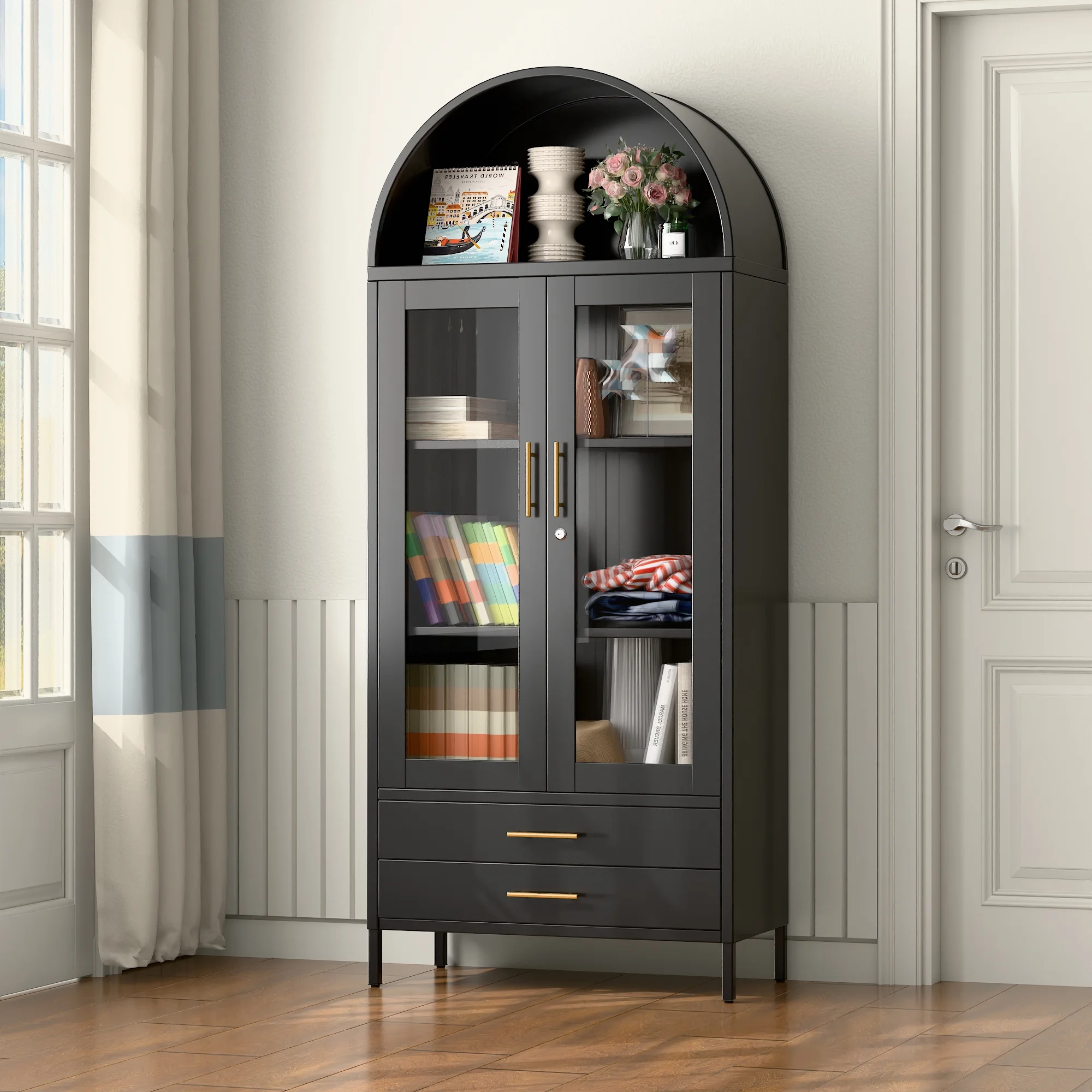 SUXXAN Metal Arched Storage Display Lockable Cabinets with Glass Doors and Adjustable Shelves, Assembly Required, Black