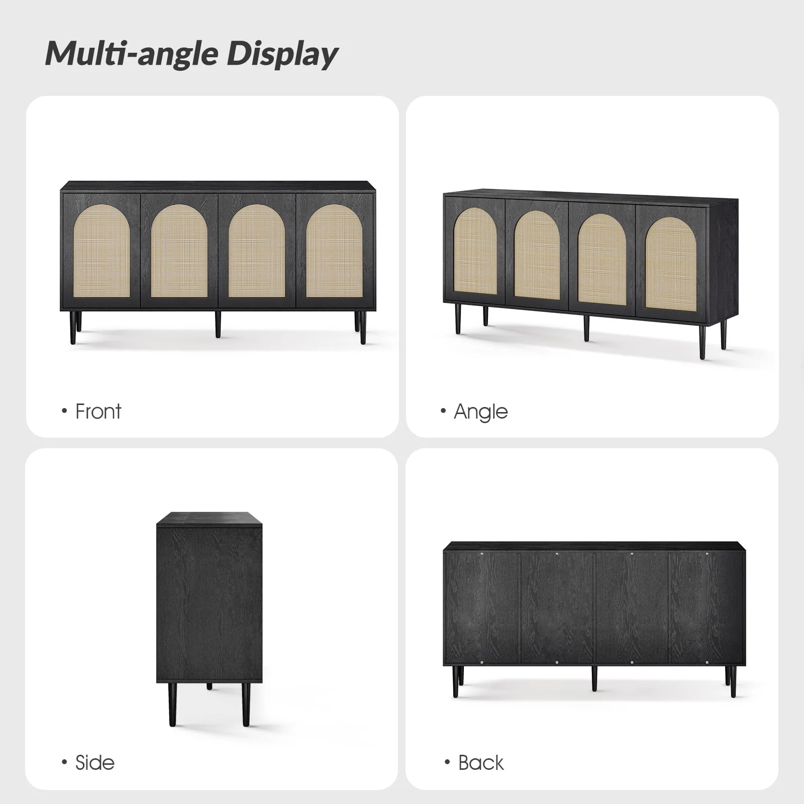 14 Karat Home 63" Wooden Sideboard 4 Doors Kitchen Storage Rattan Cabinet Living Room Adult Black