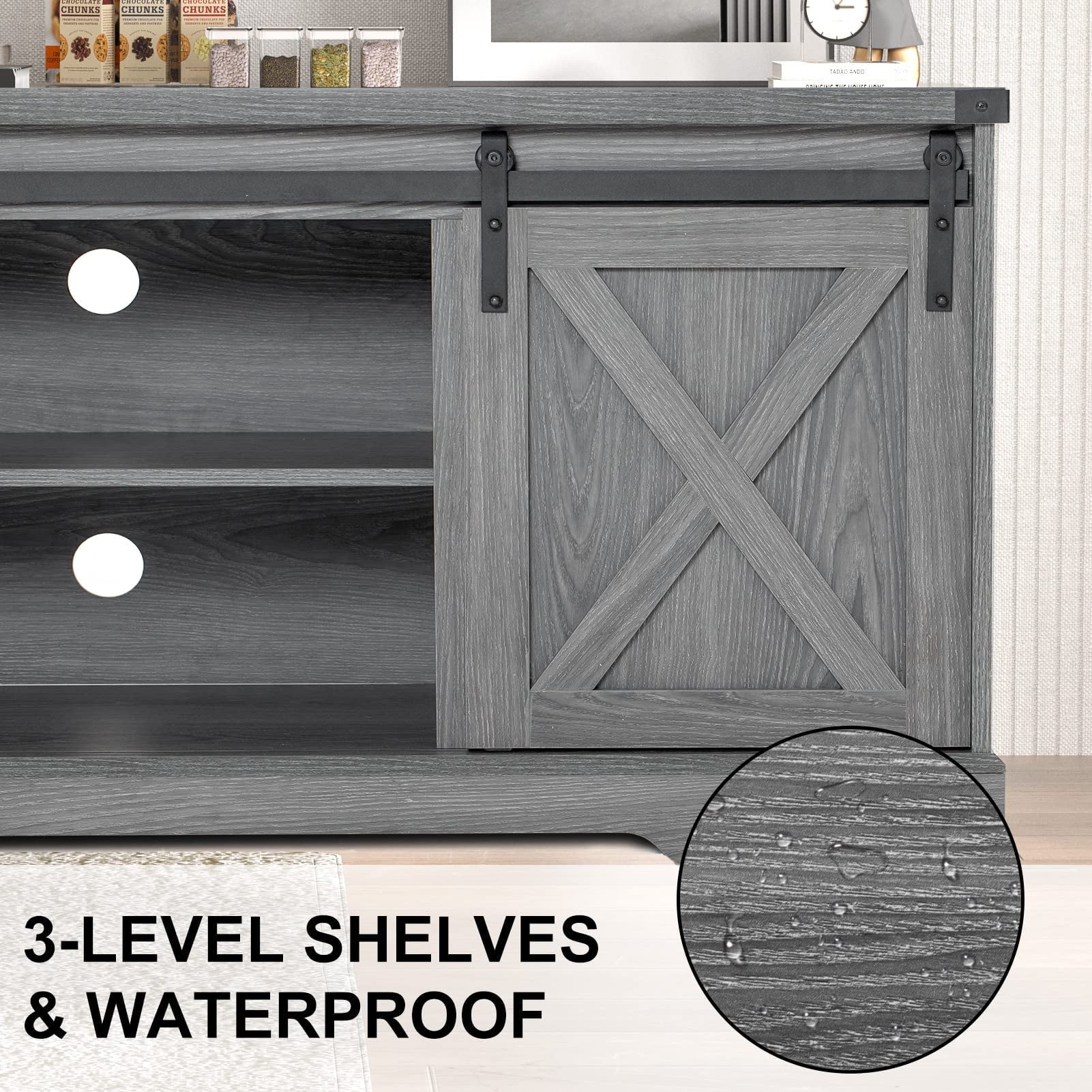 58" Farmhouse Coffee Bar Cabinet with Sliding Barn Door, Heavy Duty Sideboard Buffet Cabinet Kitchen Storage(Grey)