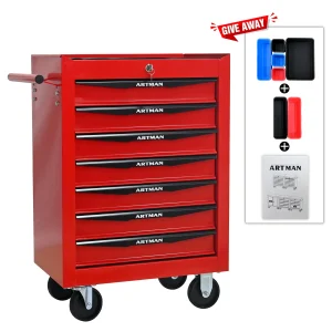 Tool Cabinets 4 Drawers Multifunctional Tool Cart with Wheels,Metal Rolling Tool Cart Storage for Garage Workshop Warehouse Repair Shop--With Stainless Steel Roof- Red&Black,Garage Tool Cabinets