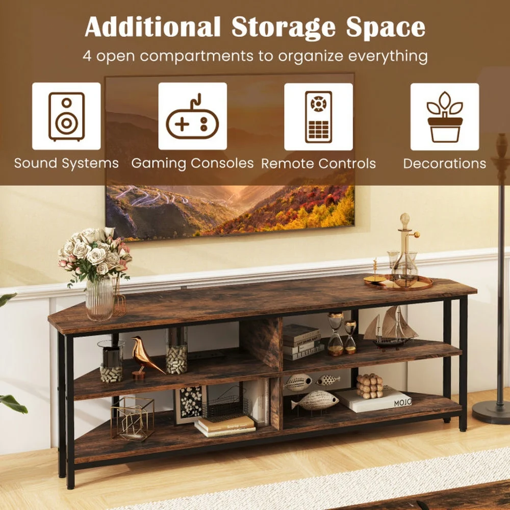 Canddidliike 3-Tier Corner TV Stand for TVs up to 65 Inches with Charging Station- Rustic Brown, Cabinet Media Console with Storage for Living Room Bedroom
