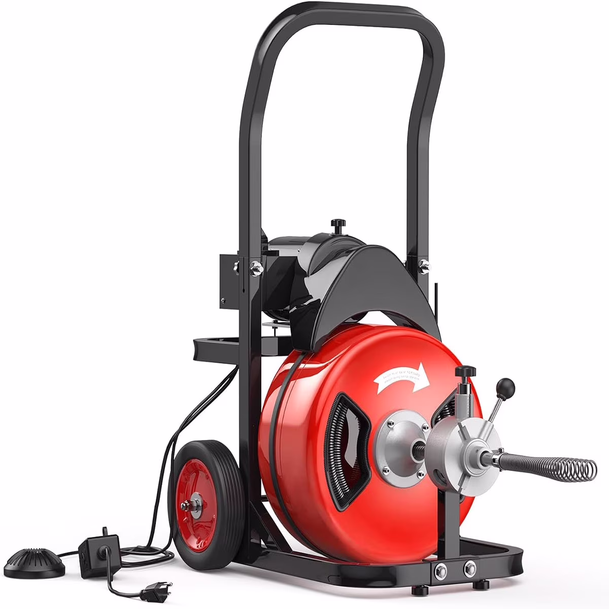 Kselythan 75 FTx1/2 Inch Drain Cleaning Machine, Auto Feed Sewer Snake Drill with Wheels, Pipe Spiral Cleaner with 4 Cutters and Pneumatic Foot Switch, for 2" to 4" Pipes