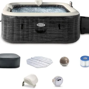 INTEX PureSpa Greystone Deluxe 4 Person Square Inflatable Hot Tub, Bubble Massage Spa