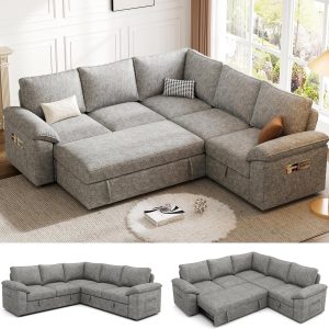 108 Inch Sectional Sleeper Sofa with Pull Out Bed, U Shaped 7 Seat Modular Sectional Sofa