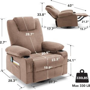 Oversized Swivel Rocker Recliner Chair with Heat and Massage, 360 Degree Swivel Rocking Single Sofa with Cup Holders and USB Port, Large Big Recliner Chair for Living Room (Leather, Brown)