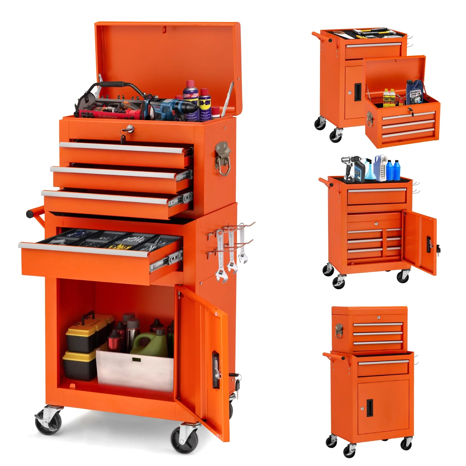 AECOJOY 8-Drawer Rolling Tool Chest, Large Tool Cabinet with Universal Lockable Wheels, Detachable Toolbox Storage for Garage, Repair Shop, Workshop, Black
