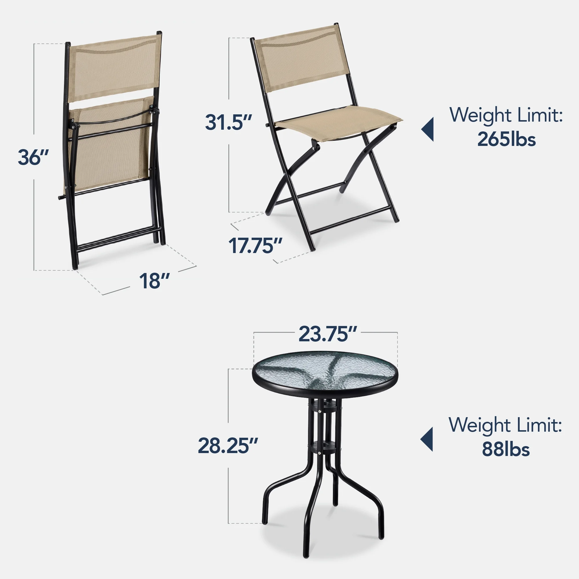 Best Choice Products 3-Piece Patio Bistro Dining Furniture Set w/ Glass Tabletop, Folding Chairs - Gray