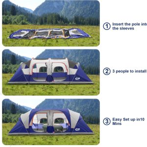 CAMPROS CP Tent 12-Person-Camping-Tents,3 Room Family Tents,Waterproof Windproof Family Tent with Top Rainfly,6 Large Mesh Windows,Double Layer,Easy Set Up, Portable with Carry Bag-20' x 9' x 72"(H)