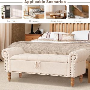 Furniliving Modern Storage Ottoman Bench, Sherpa Ottoman End of Bed Bench with Solid Wood Legs Upholstered Ottoman Benches with Storage Indoor Bench for Living Room with Rolled Arm, Entryway, White