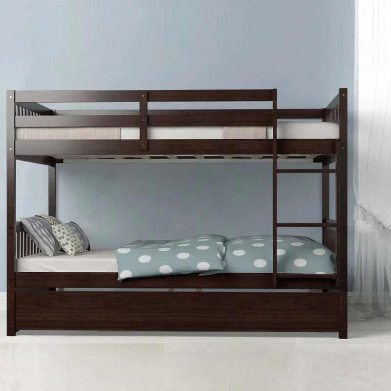 Solid Wood Full Over Full Bunk Bed Frame with Trundle, Safety Ladder & Guardrails, Convertible Bunk Bed for Kids Teens