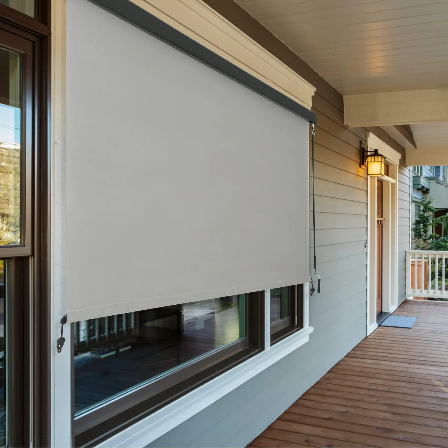 Vicllax 7'Wx8'H Outdoor Roller Shades Blinds for Patio Porch Crank Operation Solar Fabric, Light Gray