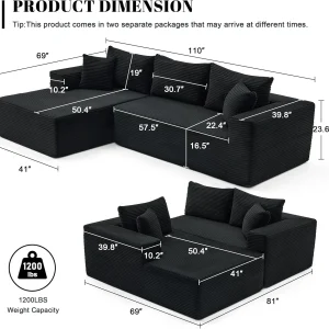 110 Cloud Sectional Couch, Boneless Sofa for Living Room Modular Sectional Sofa with Deep Seat