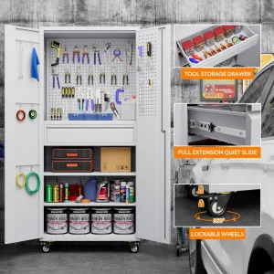 GangMei 71-Inch Metal Lockable Storage Cabinet with Pegboards and 5 adjustable shelves, White, Assembly Required