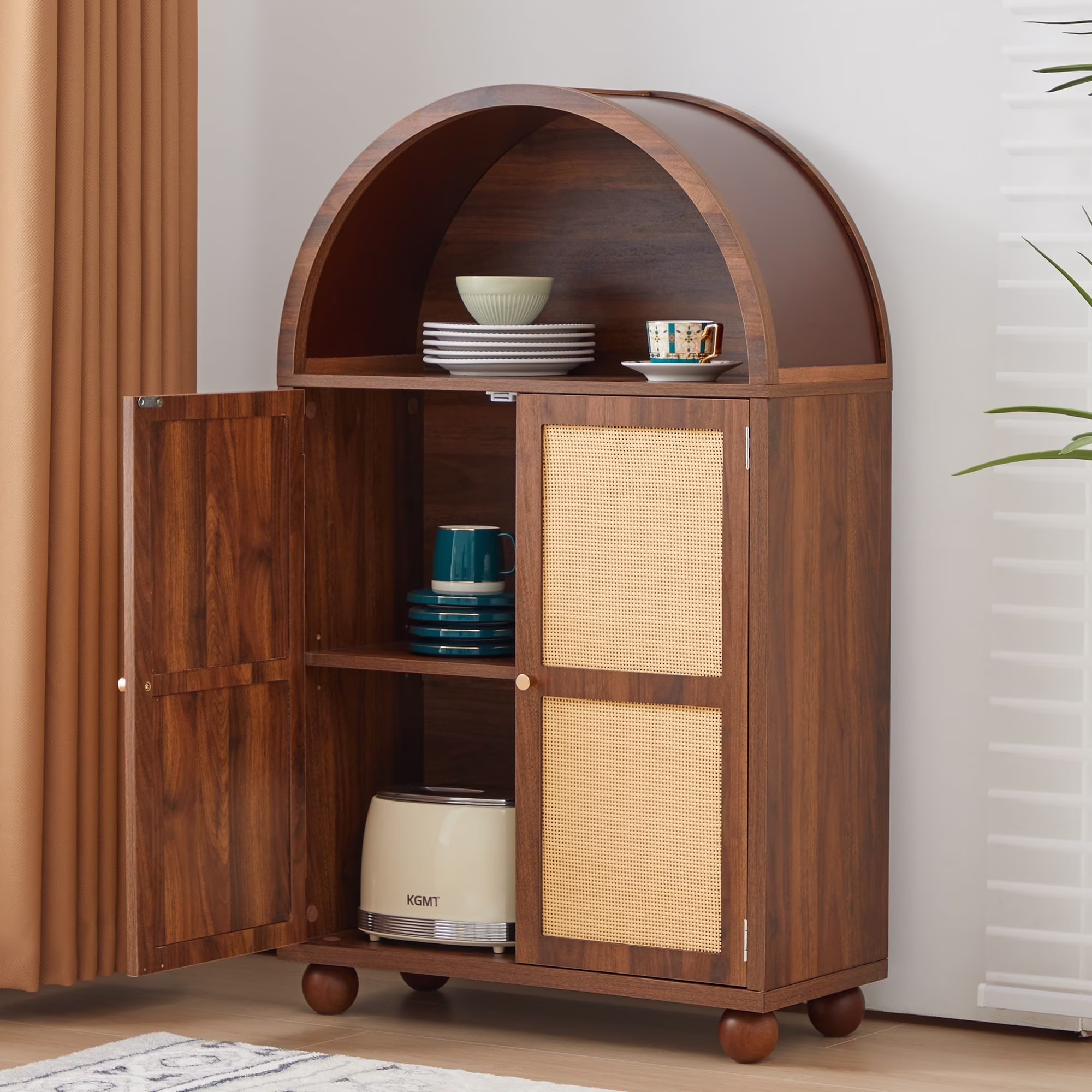Wirrytor Arched Kitchen Storage Cabinet, Sideboard Buffet Cabinet with 2-Tier and 2 Doors, Black Sideboard, Kitchen Pantry Cabinet, Wooden Storage Cabinet for Living Room