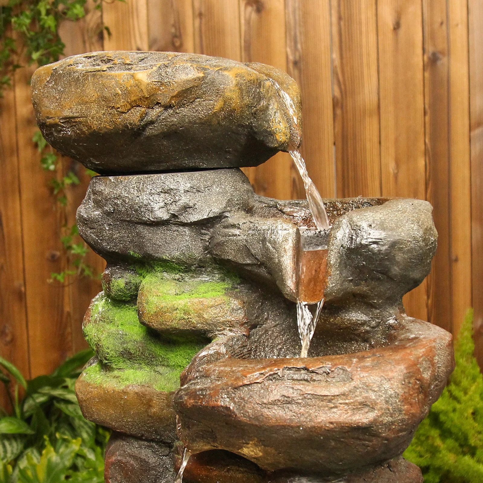 6-Tiered Outdoor Floor Rock Water Garden Fountain 37.4''H Cascading Waterfall Water Feature Indoor for Home Decor Patio Yard with LED Lights and Natural Stone Look