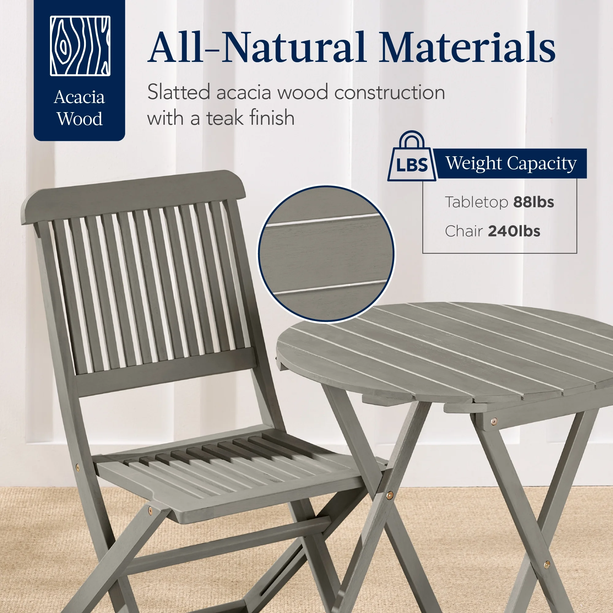 Best Choice Products 3-Piece Acacia Wood Bistro Set, Folding Patio Furniture w/ 2 Chairs, Table - Natural