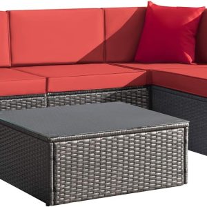 Devoko 5 Pieces Patio Furniture Sets All Weather Outdoor Sectional Patio Sofa Manual Weaving Wicker Rattan Patio Seating Sofas with Cushion and Glass Table(Beige)