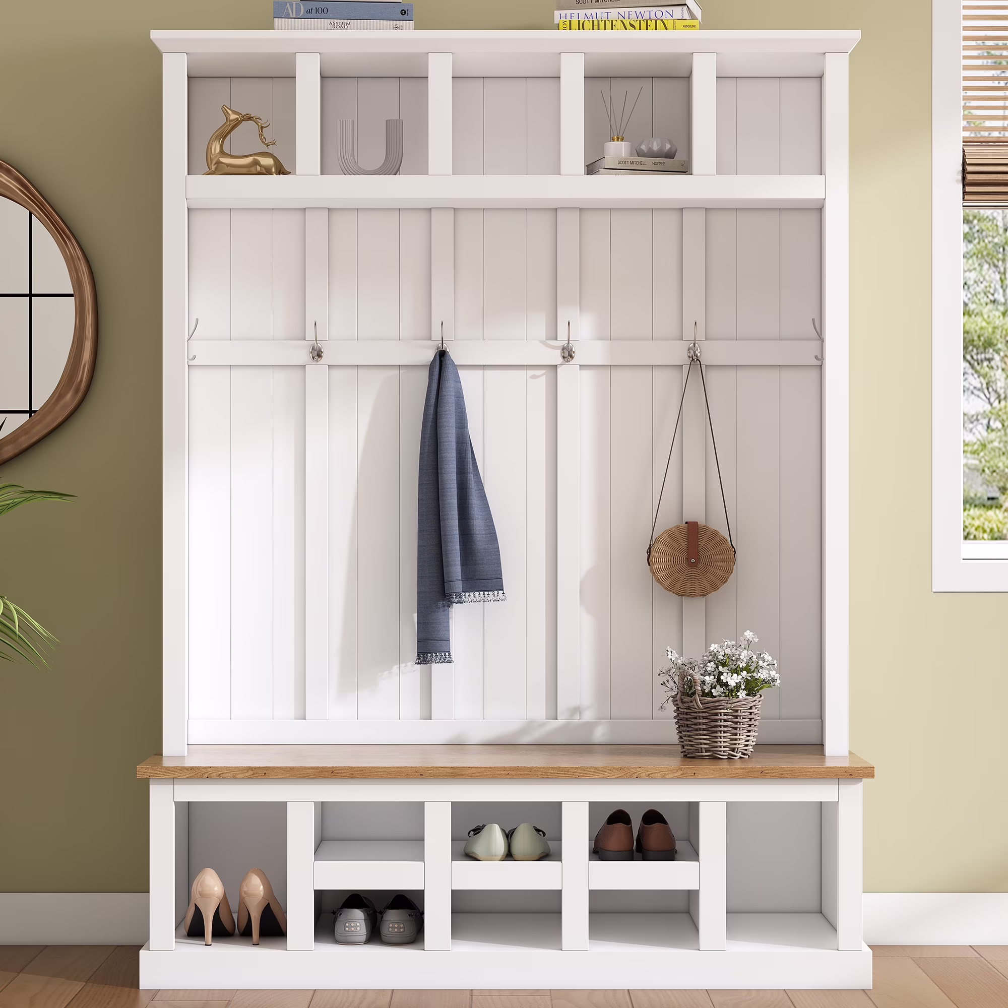 Bellemave 59"W Farmhouse Hall Tree with Storage Shelves and Shoes Rack Multi-functional Coat Rack with Hooks Entryway Shoes Storage Seating Bench Coat Hanger for Hallway (Black, With Shoes Rack)