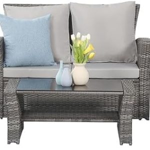 Wisteria Lane 4 Piece Outdoor Patio Furniture Sets, Wicker Conversation Set for Porch Deck, Grey Rattan Sofa Chair with Cushion Blue