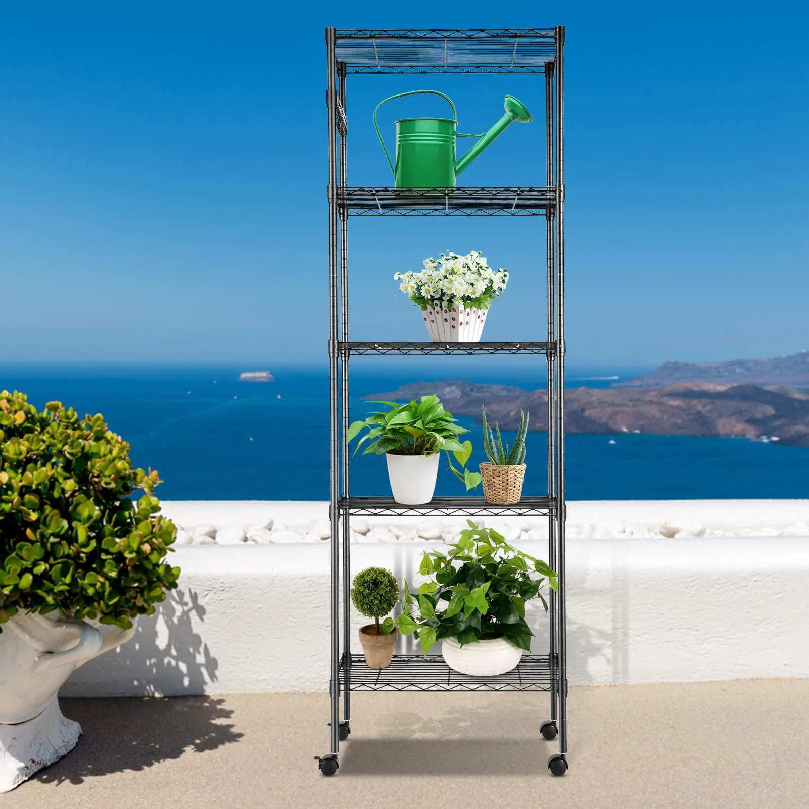 5-Tier 600 lbs Carrying Capacity Wire Shelf 72" Steel Shelf Tier Height Adjustable Metal Racks with 4 Wheels & 4 Hooks for Garage Kitchen Storage Organizer Shelving Unit