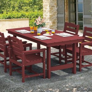 SERWALL 7-Piece Patio Table Set, Outdoor HDPE Dining Furniture with Umbrella Hole, All Weather Table and Chairs for Lawn, Garden, Poolside, Aruba