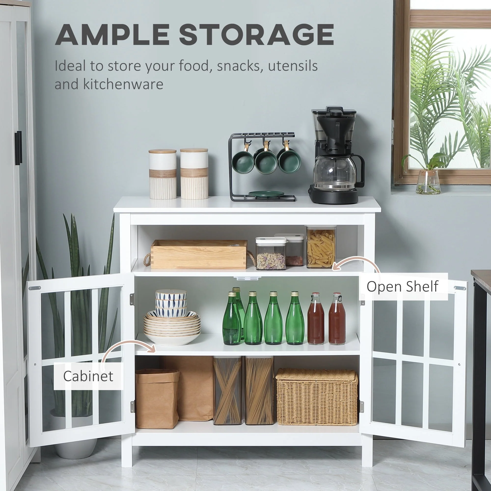 HOMCOM Kitchen Storage Sideboard Cabinet with Open Shelf and Glass Door Cabinets