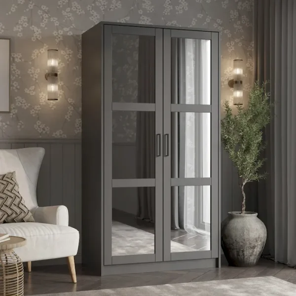 Palace Imports 100% Solid Wood 2-Door Urban Wardrobe Armoire with Solid and Mirrored Doors