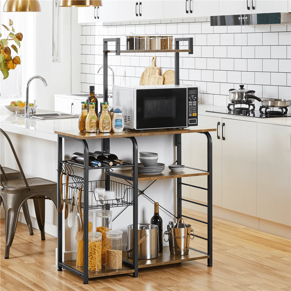 Alden Design 35.5" Kitchen Storage Shelf Baker's Rack with 10 Hooks, Rustic Brown