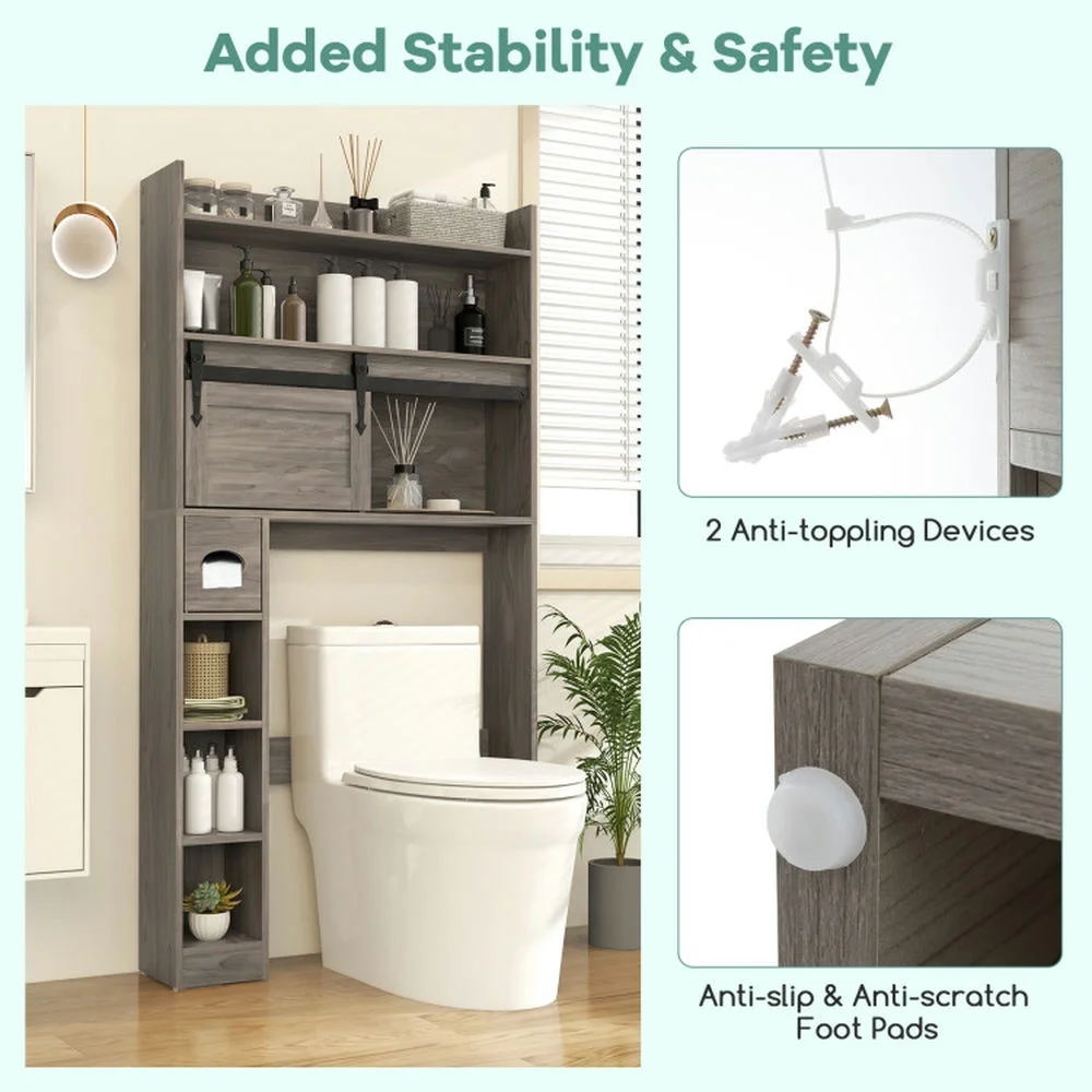 Topcobe Over The Toilet Storage Cabinet with Sliding Barn Door and Adjustable Shelves, Bathroom Furniture, Bathroom Shelves, White