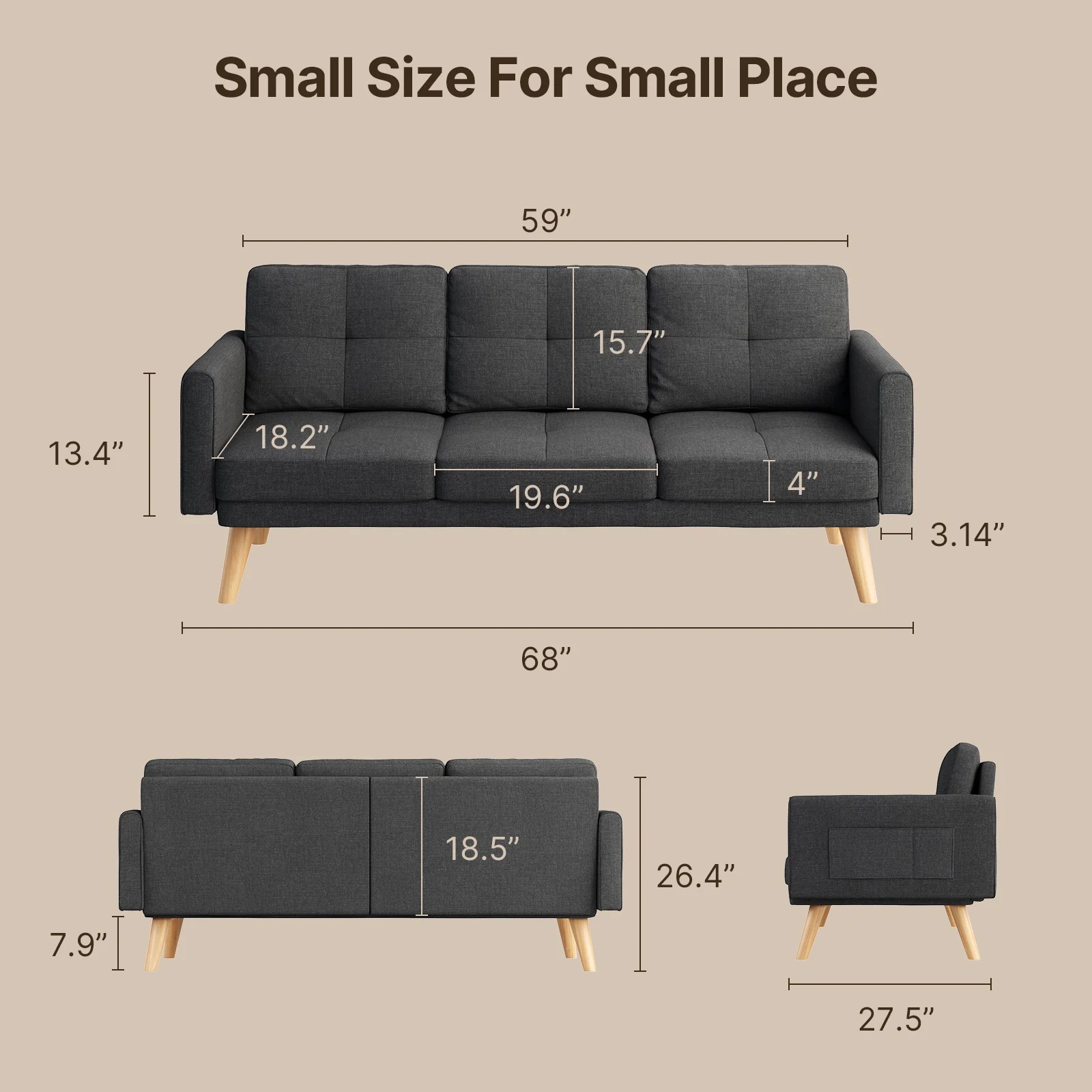 Modern Futon Sofa Bed with 3 Seats and Storage Pocket for Living Room & Office, Dark Gray