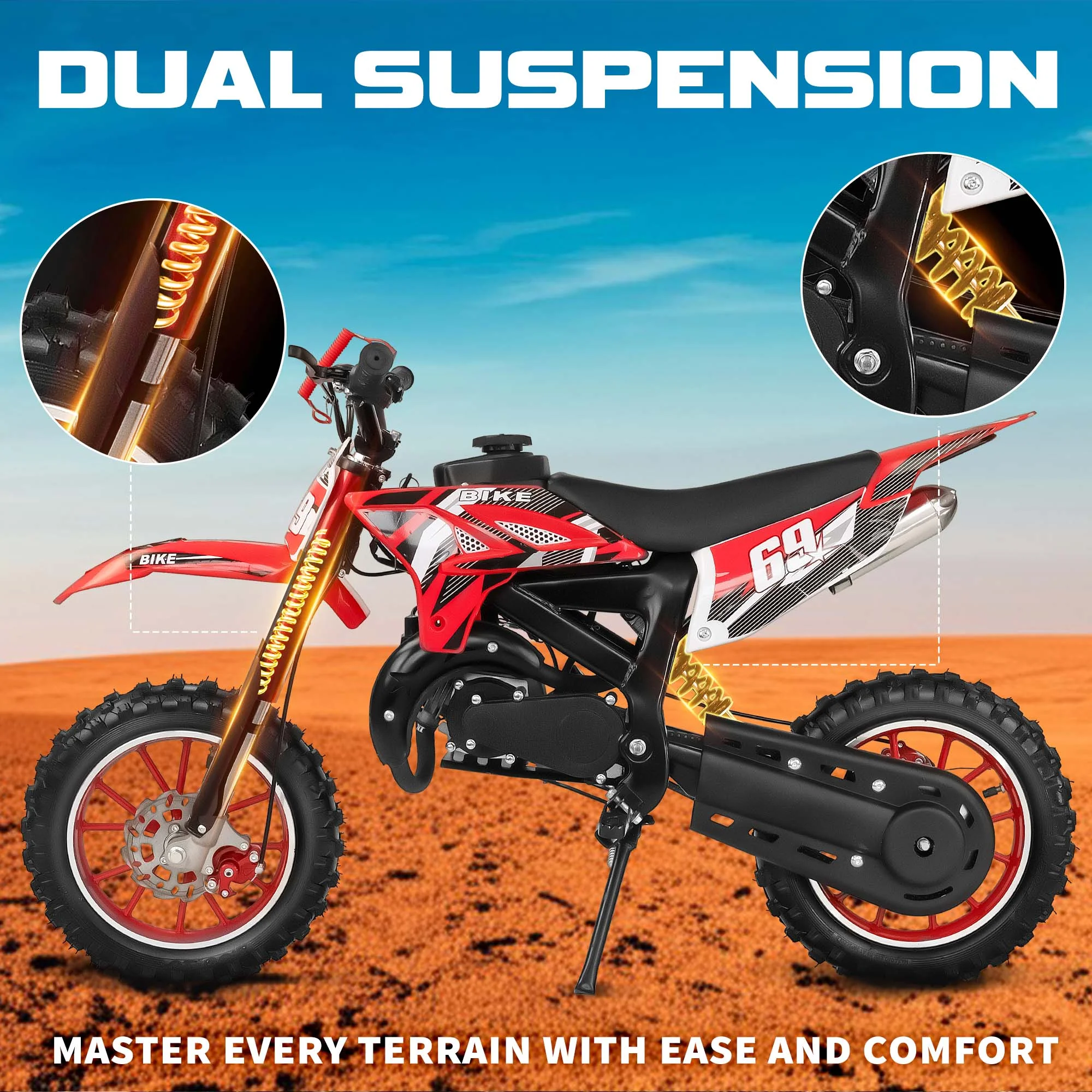 MX moto 49CC Kids Dirt Bicycle, 2-Stroke Gas Powered Off Road Motorcycle, Tire Shock Absorber Spring Soft Seat Cushion with Front and Rear Disc Brake, Max Speed 28 MPH