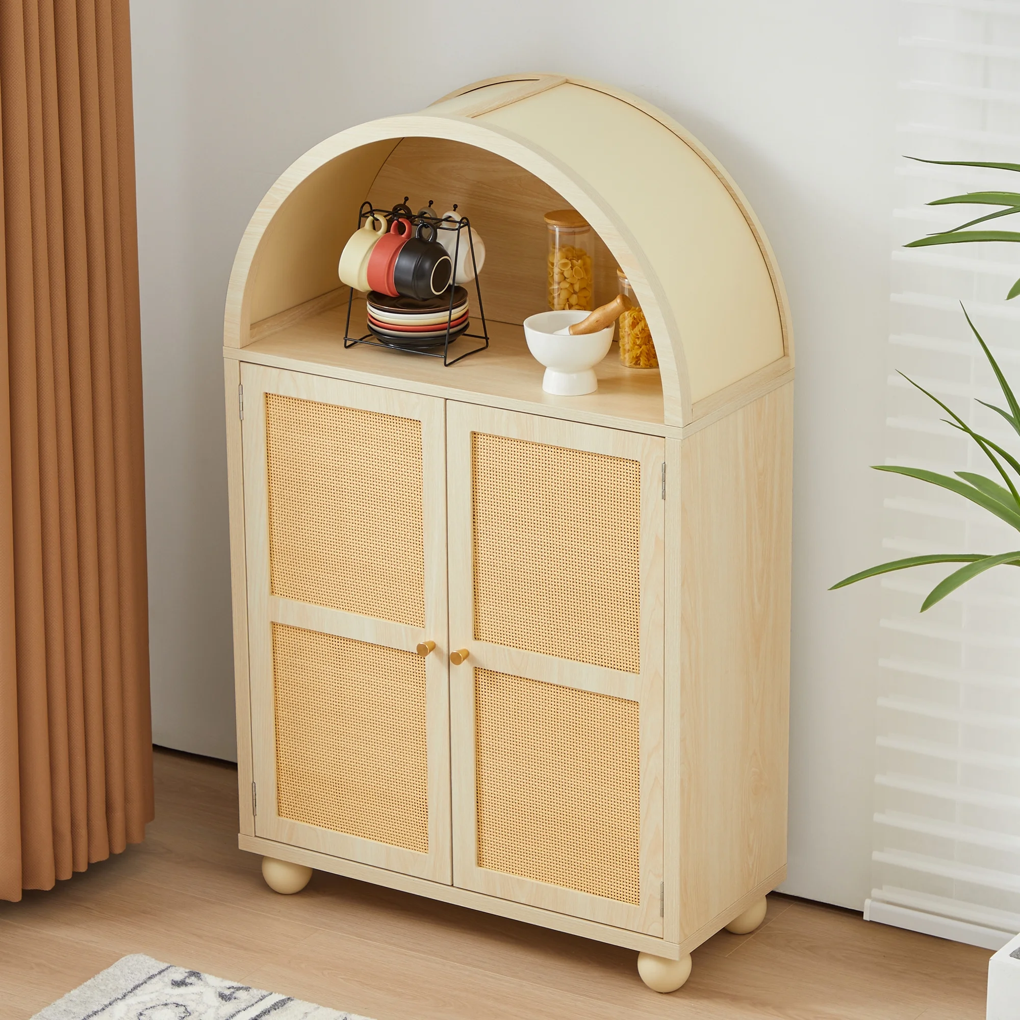 Wirrytor Arched Kitchen Storage Cabinet, Sideboard Buffet Cabinet with 2-Tier and 2 Doors, Black Sideboard, Kitchen Pantry Cabinet, Wooden Storage Cabinet for Living Room
