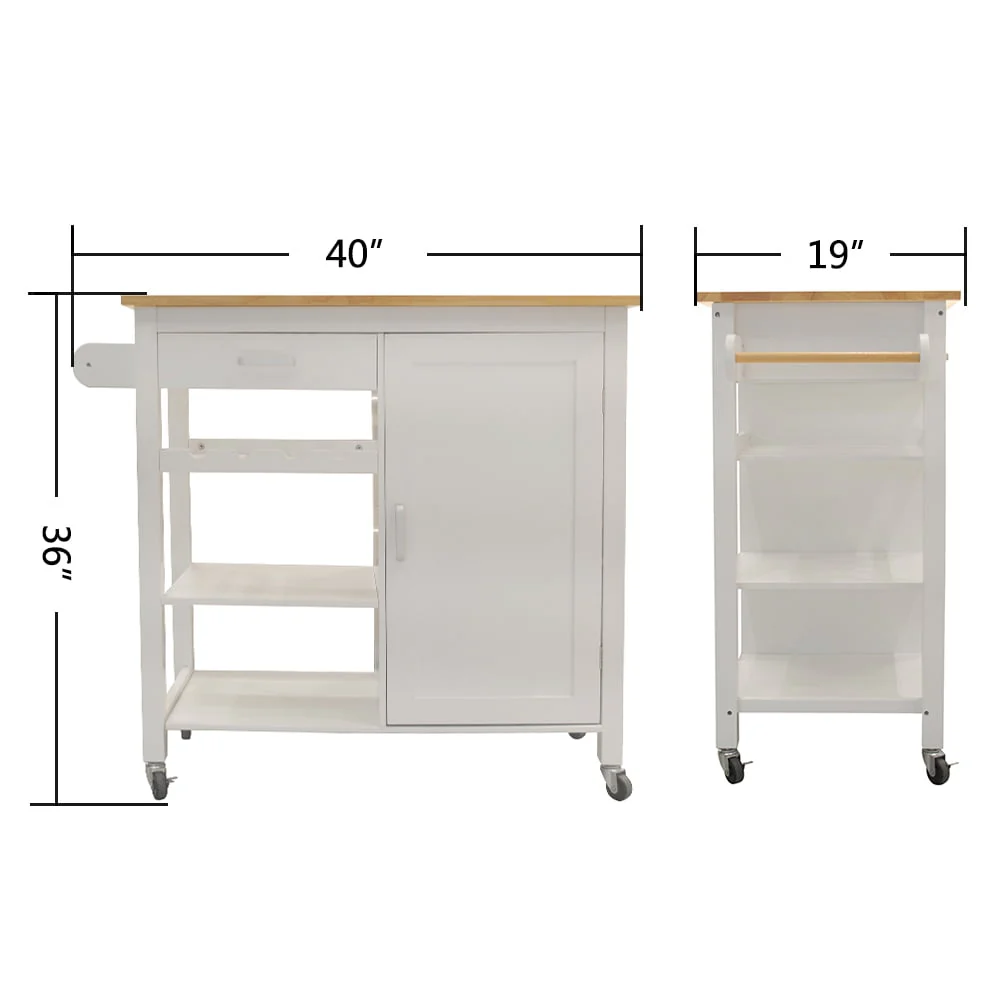 Highsound Wooden Kitchen Island Cart with 3 Shelfs and Cabinet, Kitchen Storage Carts Table with Drawer and Lockable Wheels, White
