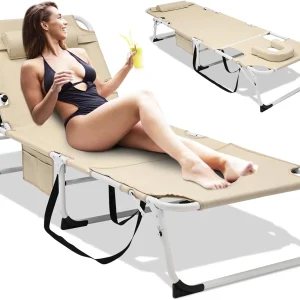 Slsy Folding Lounge Chair, 5-Position Adjustable Outdoor Reclining Chair, Folding Sleeping Bed Cot, Folding Chaise Lounge Chair for Pool Beach Patio Sunbathing
