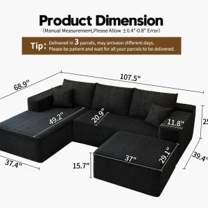 107.5" Cloud Modular Sectional Sofa Couch with L-Shape Chaise,Modern Minimalist Upholstered Couches for Living Room Bedroom,Deep Seat Corner Couch .No Assembly Required (Black,Left Facing Chaise)