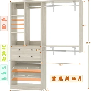 iSunirm 5FT Closet System with Drawers,5FT Closet System with Drawers, 60" Closet Organizer System with 2 Hanging Shelving Perfect Storage Solution for Organizing Your Closet