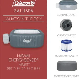 Coleman SaluSpa Atlantis AirJet 4 to 6 Person Inflatable Hot Tub Square Portable Outdoor Spa with 140 Soothing Jets with Cover, Blue