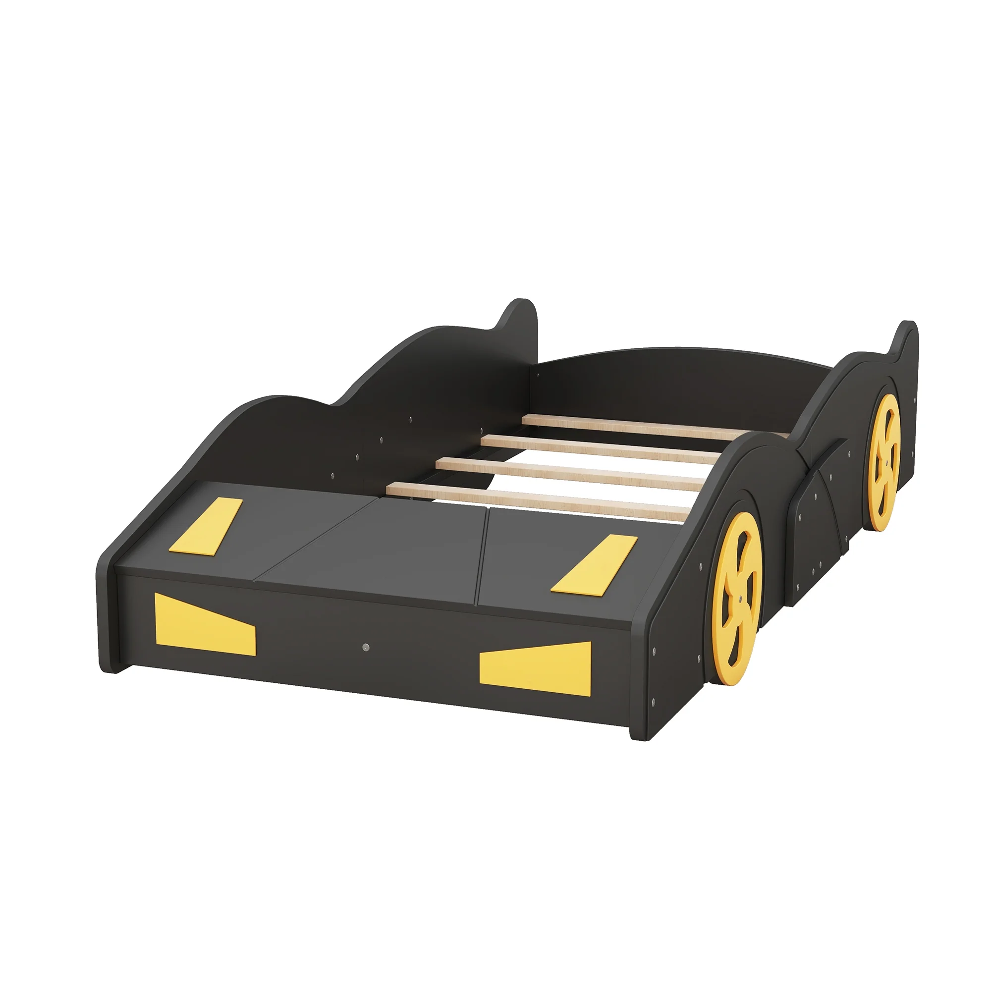 Euroco Car-Shaped Twin Size Platform Bed with Tires and Storage Cabinet for Kids Bedroom, Black
