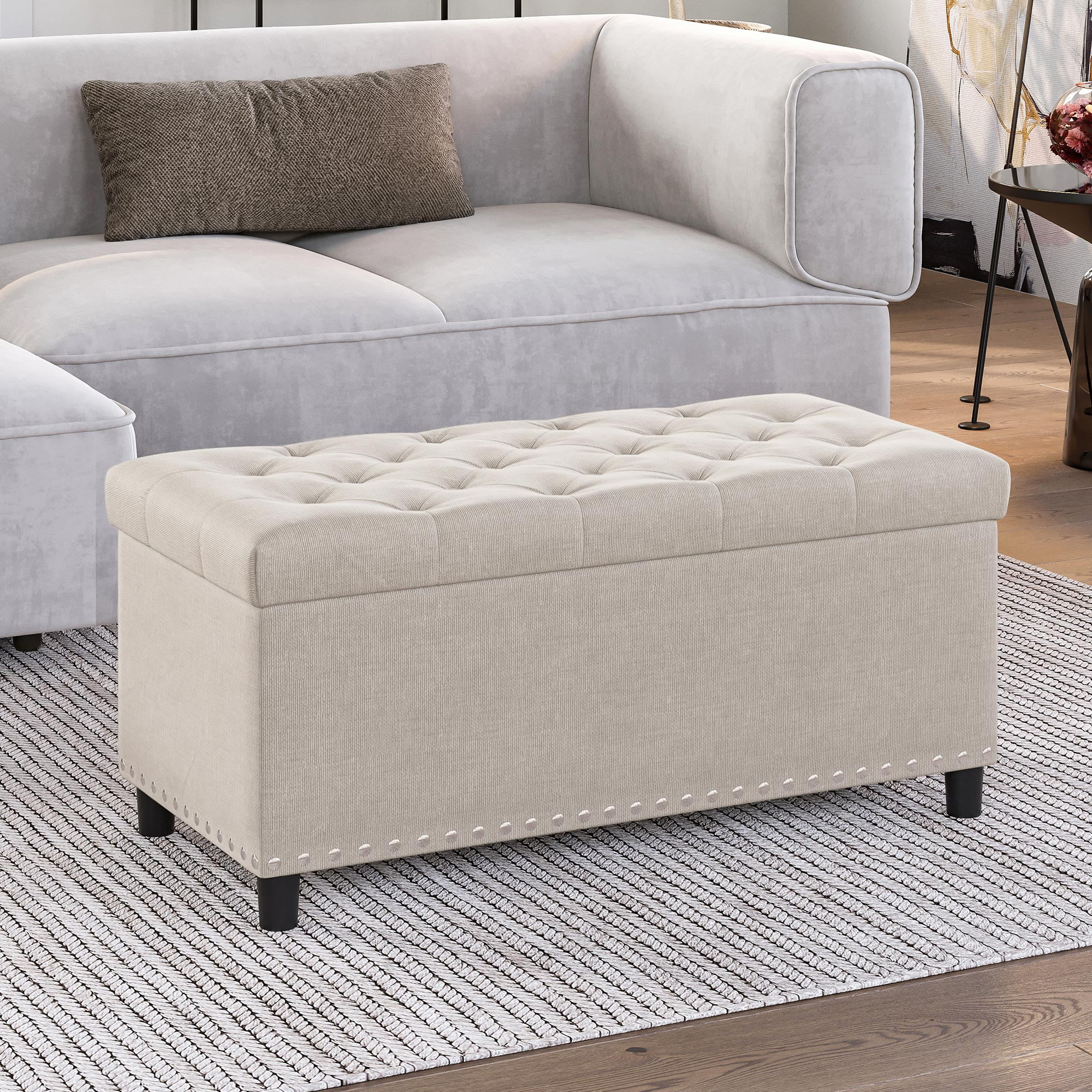 BELLEZE 35 Inch Storage Ottoman, Button-Tufted Ottoman Linen Storage Bench with Safety Close Hinge, Ottoman with Storage for Living Room, Entryway, Hallway, Foot Rest, Support 300lbs - Dark Grey