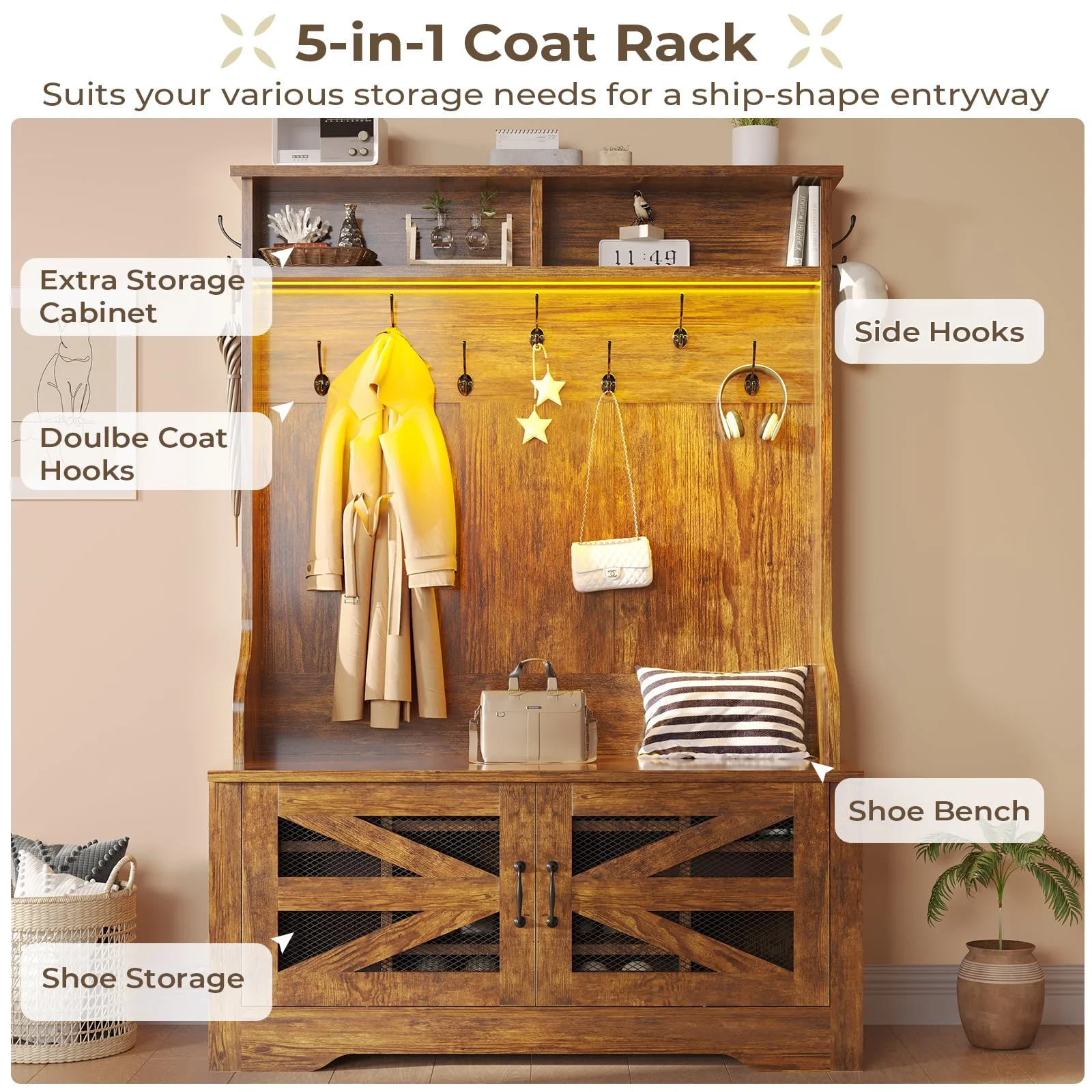 5-in-1 Entryway Bench with Coat Rack, Hall Tree with Bench and Shoe Storage, Rustic Brown