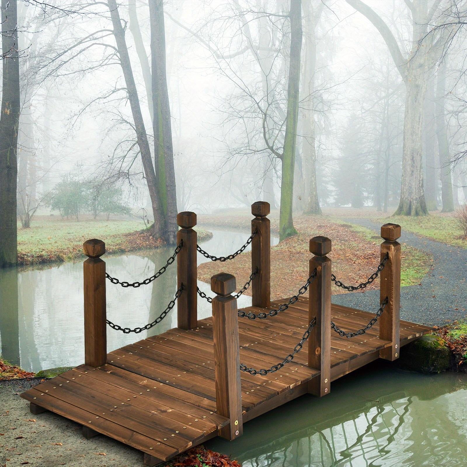 5ft Rustic Wooden Garden Bridge with Railings -C Sturdy Fir Footbridge, Weather-Resistant Outdoor Walkway for Weddings, Home Decor, and Gardens, Supports Up to 500 lbs, Natural Brown Finish