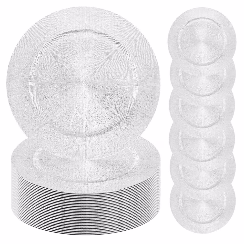 WAASOSCON 100Pcs Bulk Silver Charger Plates, PP Charger Plates for Weddings, Textured Decorative Tableware for Events and Holiday Parties
