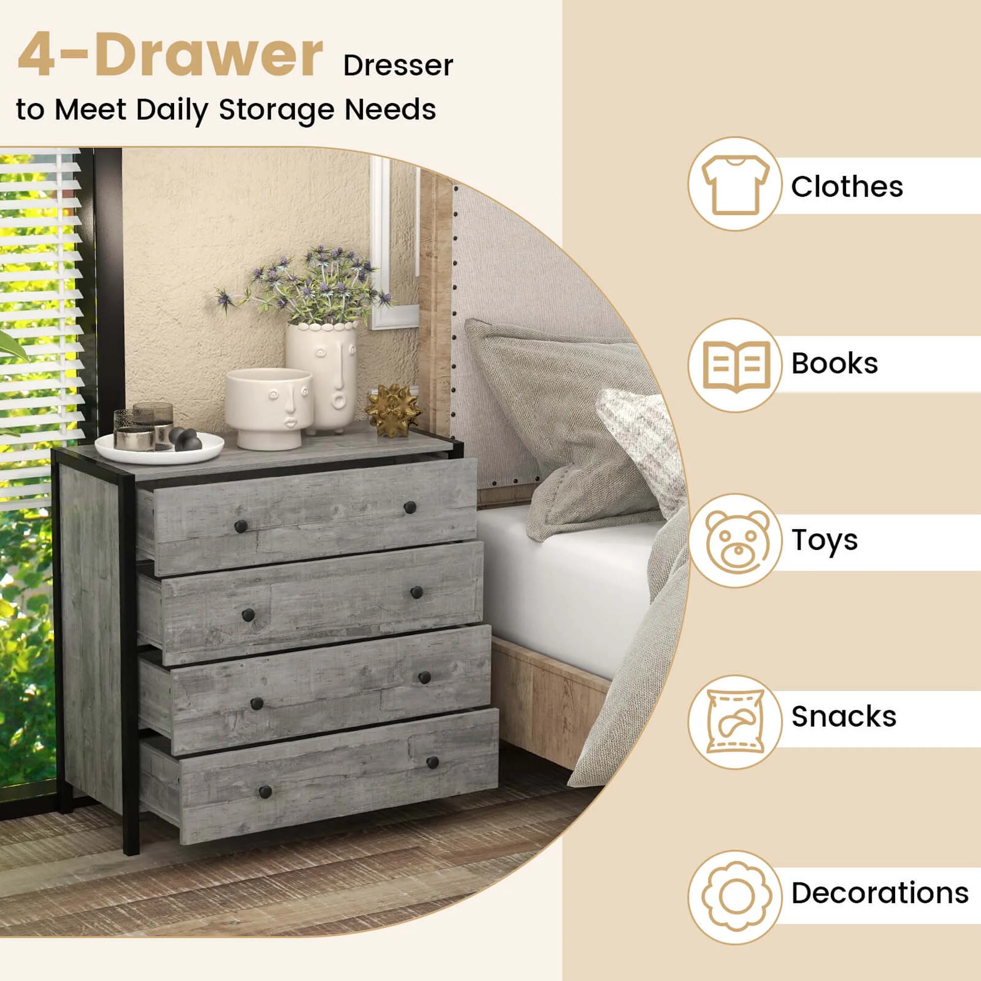 Costway 4-Drawer Dresser Modern Chest of Drawers Wooden Storage Dresser Grey