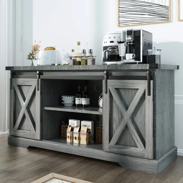 58" Farmhouse Coffee Bar Cabinet with Sliding Barn Door, Heavy Duty Sideboard Buffet Cabinet Kitchen Storage(Grey)